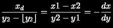 $\displaystyle \frac{x_d}{y_2-{\lfloor} y_2 {\rfloor}} = \frac{x1 - x2}{y2 - y1}= -\frac{dx}{dy}$